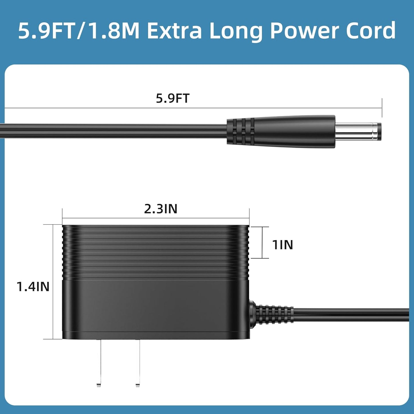 A dimensional drawing and visual guide for the MBNGF extra-long power cord and charger. It displays precise measurements in feet and inches (5.9FT/1.8M long cord, 2.3IN, 1.4IN, and 1IN dimensions) for potential customers.