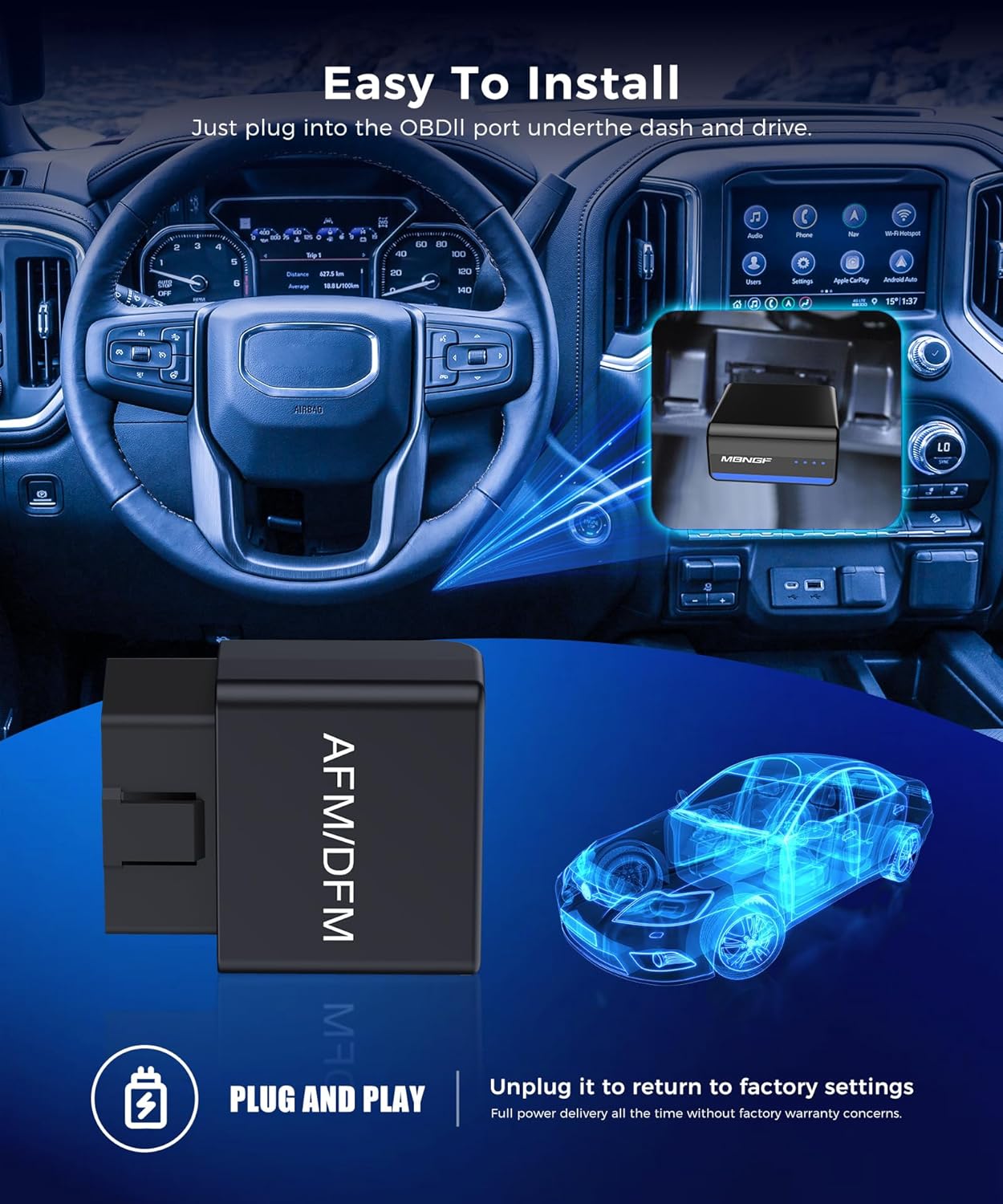 MBNGF AFM/DFM Disabler Plug and Play Installation in Vehicle Interior with OBDII Port Highlighted