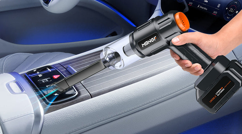 Hand using a MBNGF vacuum cleaner to clean a car's dashboard with text 'Every corner covered'.