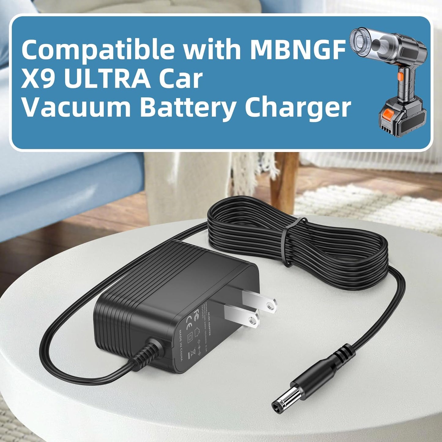 An infographic displaying the MBNGF X9 ULTRA 21V car vacuum battery charger, showcasing its compatibility with the MBNGF X9 ULTRA car vacuum cleaner. The text "Compatible with MBNGF X9 ULTRA Car Vacuum Battery Charger" is prominent, emphasizing the intended use.