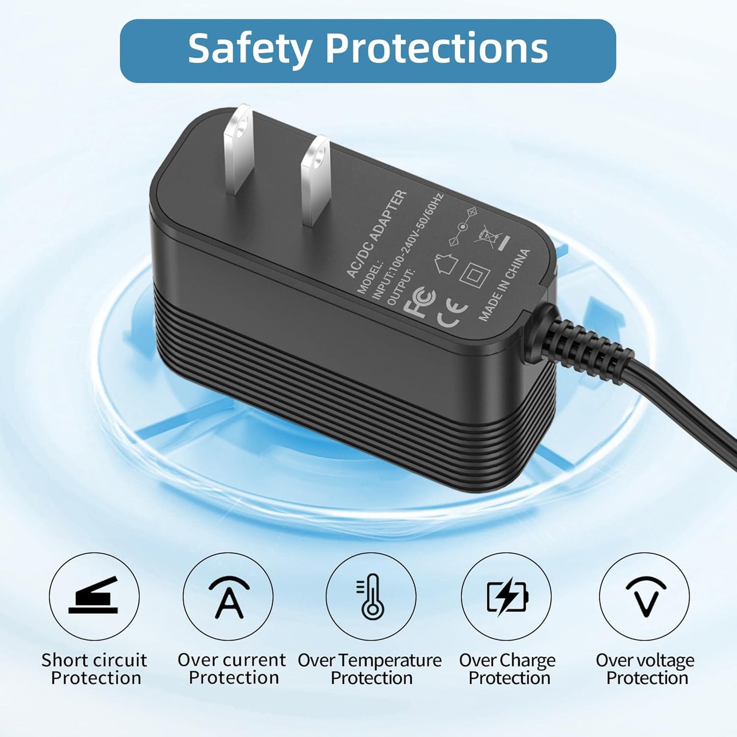 An icon-based graphic titled "Safety Protections" detailing the integrated security features of the MBNGF car vacuum charger, including short circuit, over current, over temperature, over charge, and over voltage protection, with a glowing background effect for emphasis.