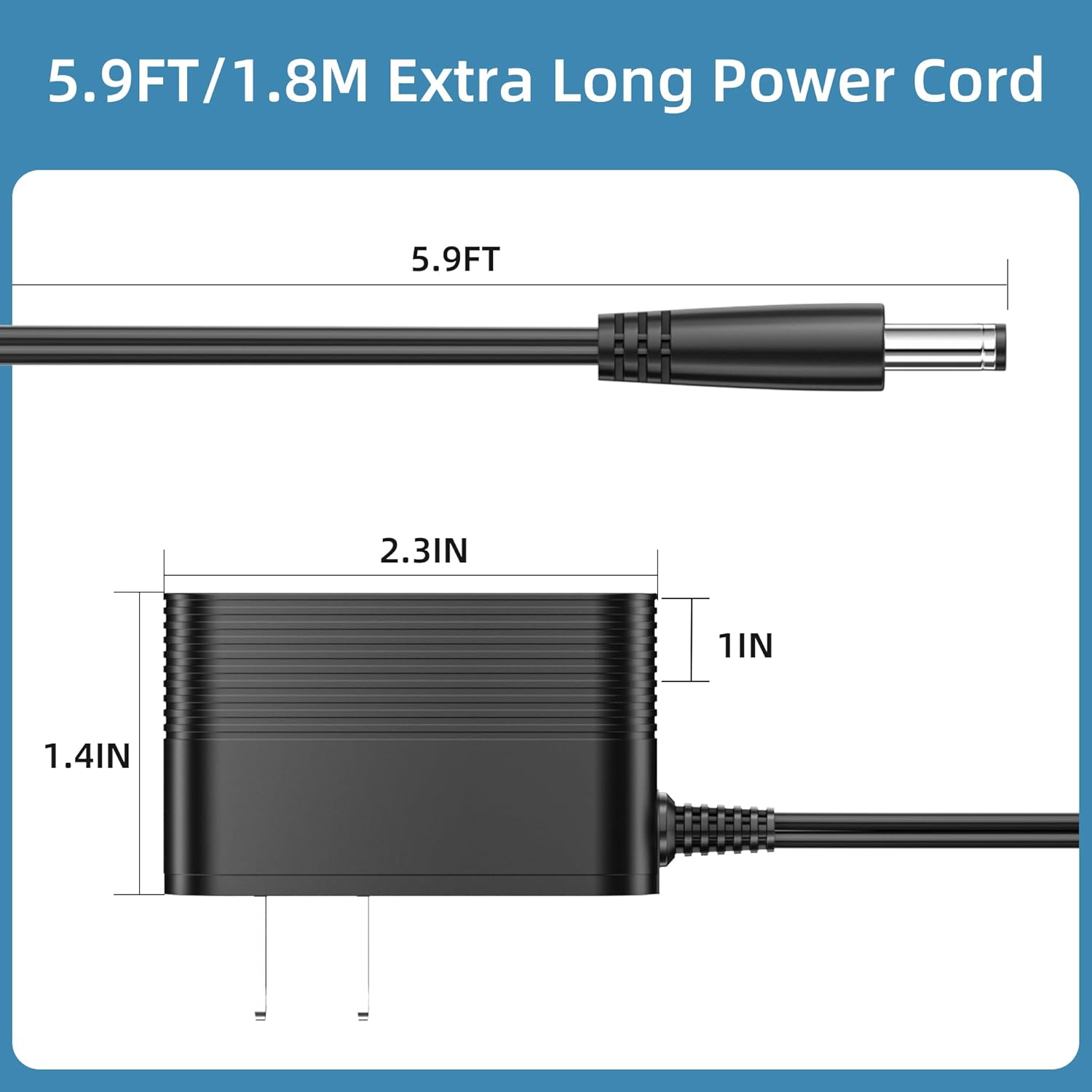 A dimensional drawing and visual guide for the MBNGF extra-long power cord and charger. It displays precise measurements in feet and inches (5.9FT/1.8M long cord, 2.3IN, 1.4IN, and 1IN dimensions) for potential customers.