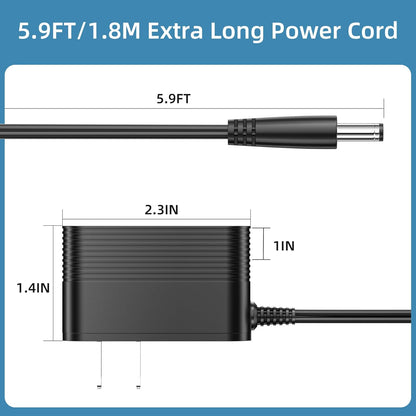 A dimensional drawing and visual guide for the MBNGF extra-long power cord and charger. It displays precise measurements in feet and inches (5.9FT/1.8M long cord, 2.3IN, 1.4IN, and 1IN dimensions) for potential customers.