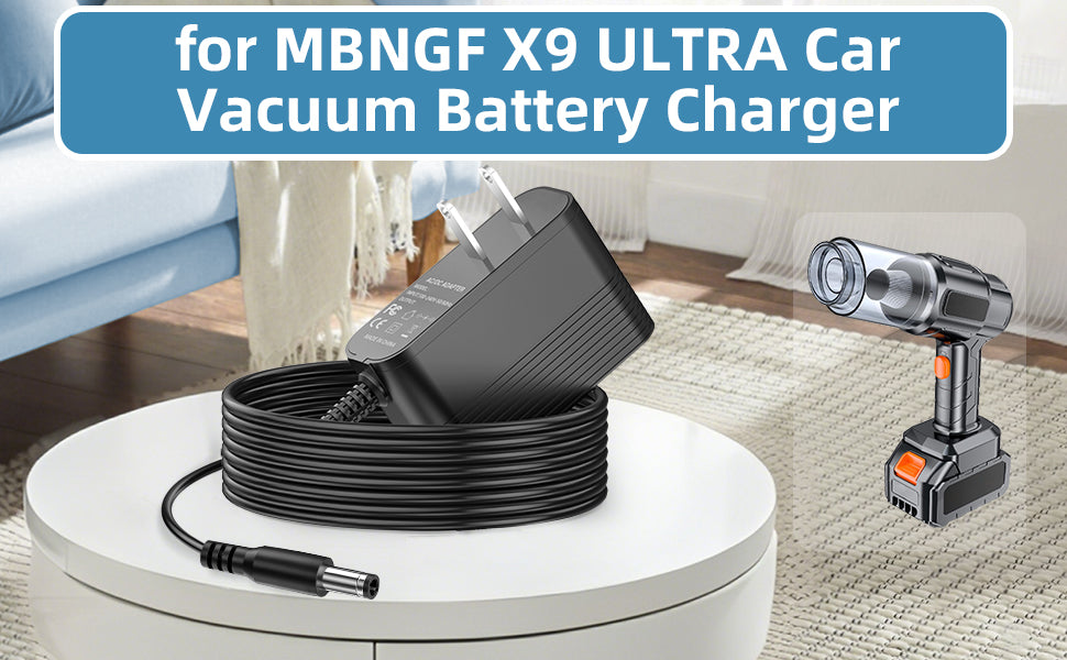 MBNGF car vacuum battery charger with cable on a round white table, with text about MBNGF X9 ULTRA.
