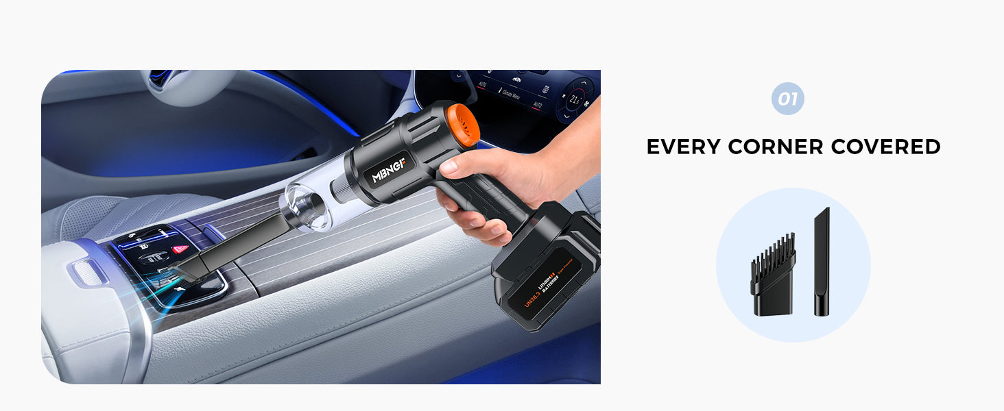 MBNGF Car Vacuum - Every Corner Covered with Precision Cleaning Attachments for Hard-to-Reach Areas